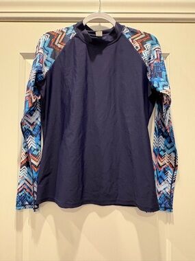 Navy Rash Guard Top with Blue Multi-Color Zigzag Sleeves